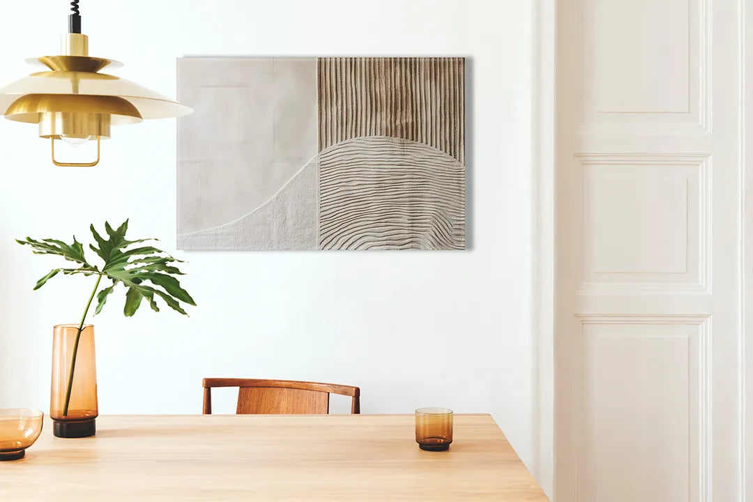 Kurkborden op canvas met abstracte beige en houten geometrie – formaat 100 × 70 cm