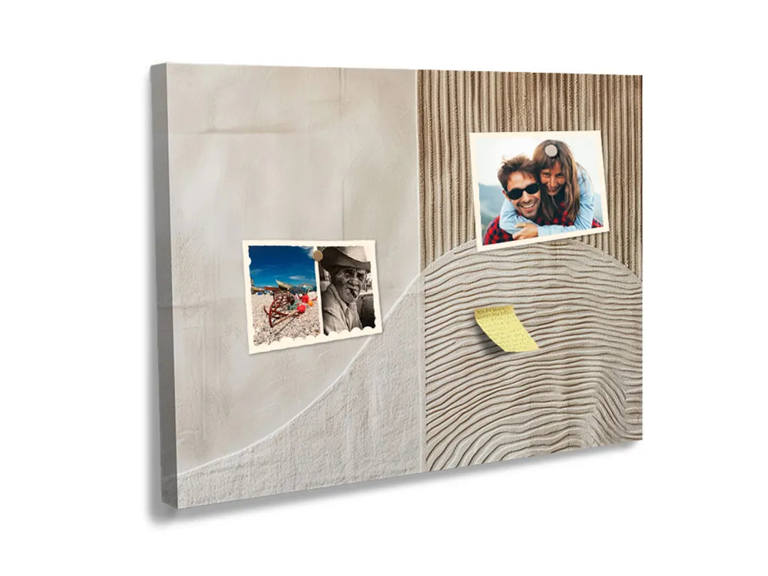 Kurkborden op canvas met abstracte beige en houten geometrie – formaat 60 × 40 cm