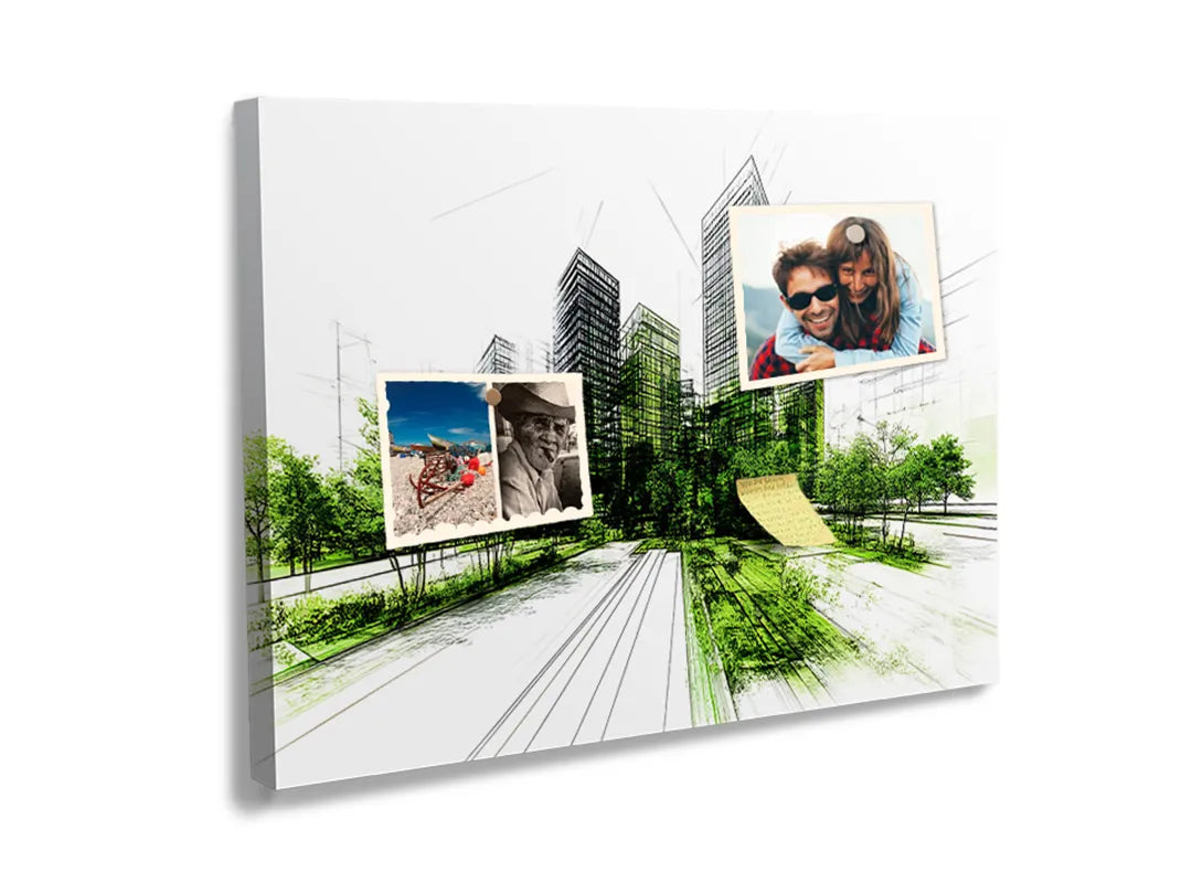 Kurkborden op canvas met groene stadsschets met wandelpad – formaat 60 × 40 cm