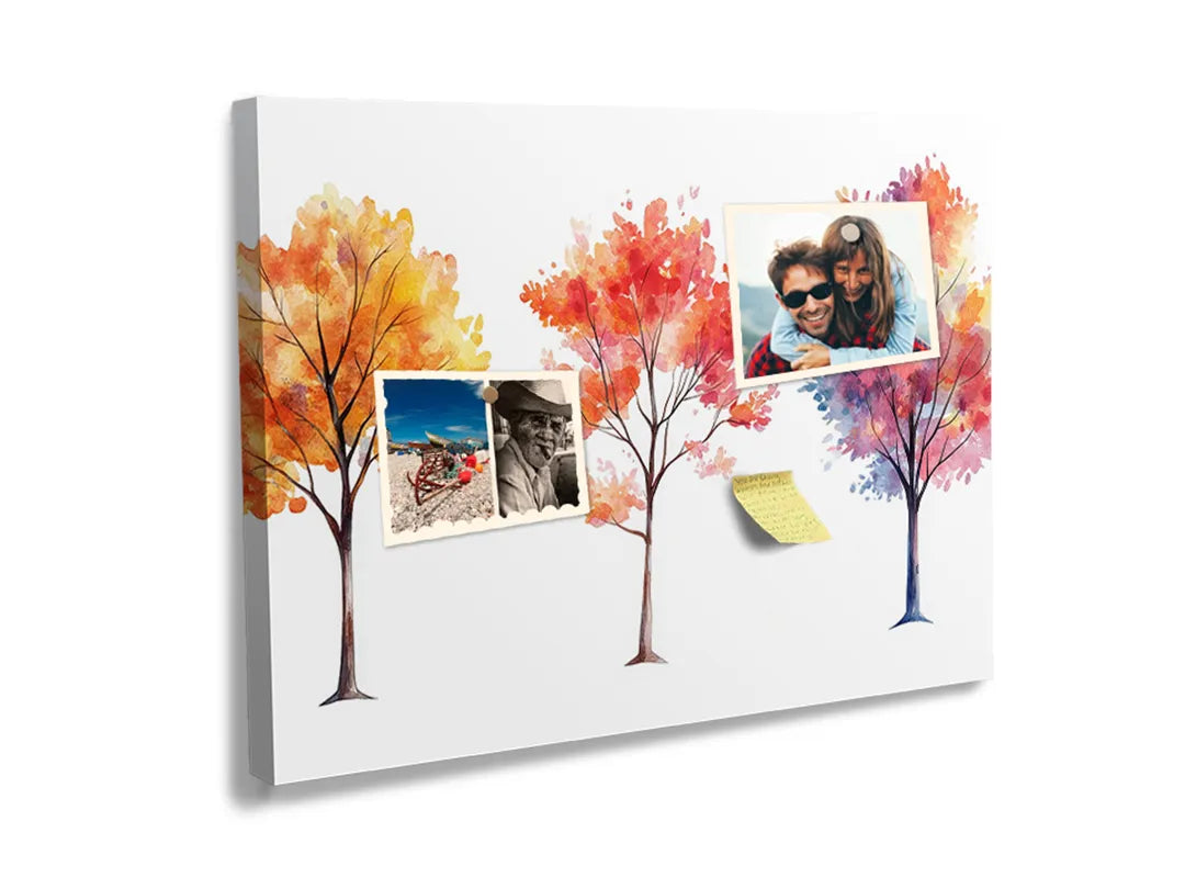 Kurkborden op canvas met vier aquarelbomen in herfstkleuren – formaat 60 × 40 cm