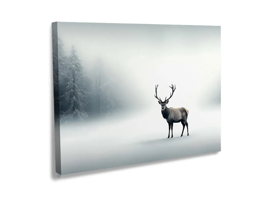 Kurkborden op canvas met hert in mistig winterlandschap – formaat 120 × 80 cm