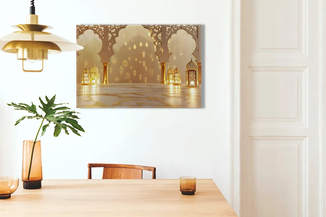Kurkborden op canvas met warme moskee-interieur met lantaarns – formaat 100 × 70 cm