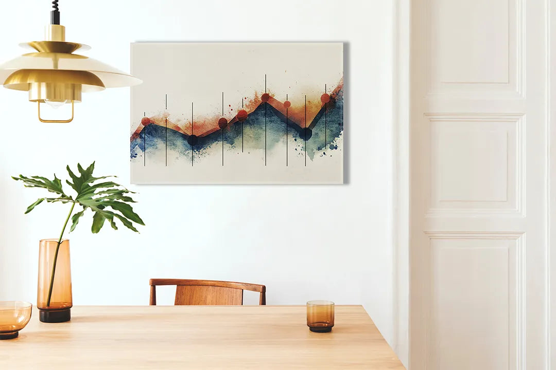 Kurkborden op canvas met abstract landschap in blauw en roest – formaat 100 × 70 cm