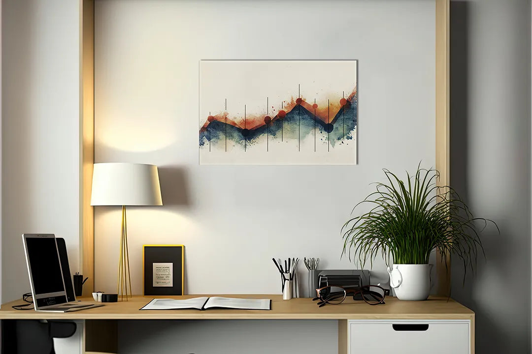 Kurkborden op canvas met abstract landschap in blauw en roest – formaat 140 × 100 cm