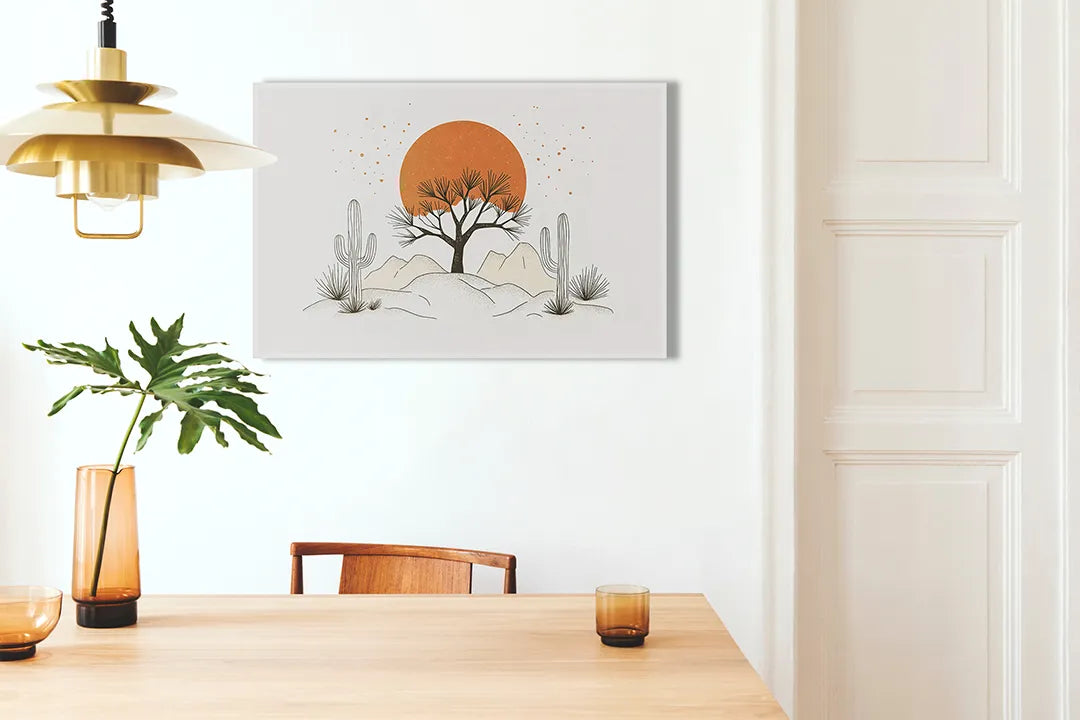 Kurkborden op canvas met woestijnlandschap met cactus en zon – formaat 100 × 70 cm