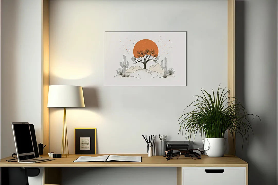 Kurkborden op canvas met woestijnlandschap met cactus en zon – formaat 140 × 100 cm