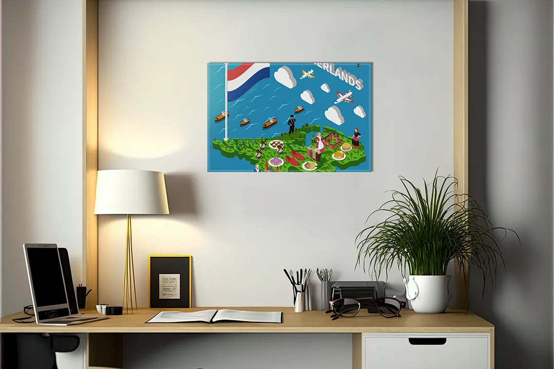 Kurkborden op canvas met speelse kaartillustratie – formaat 140 × 100 cm