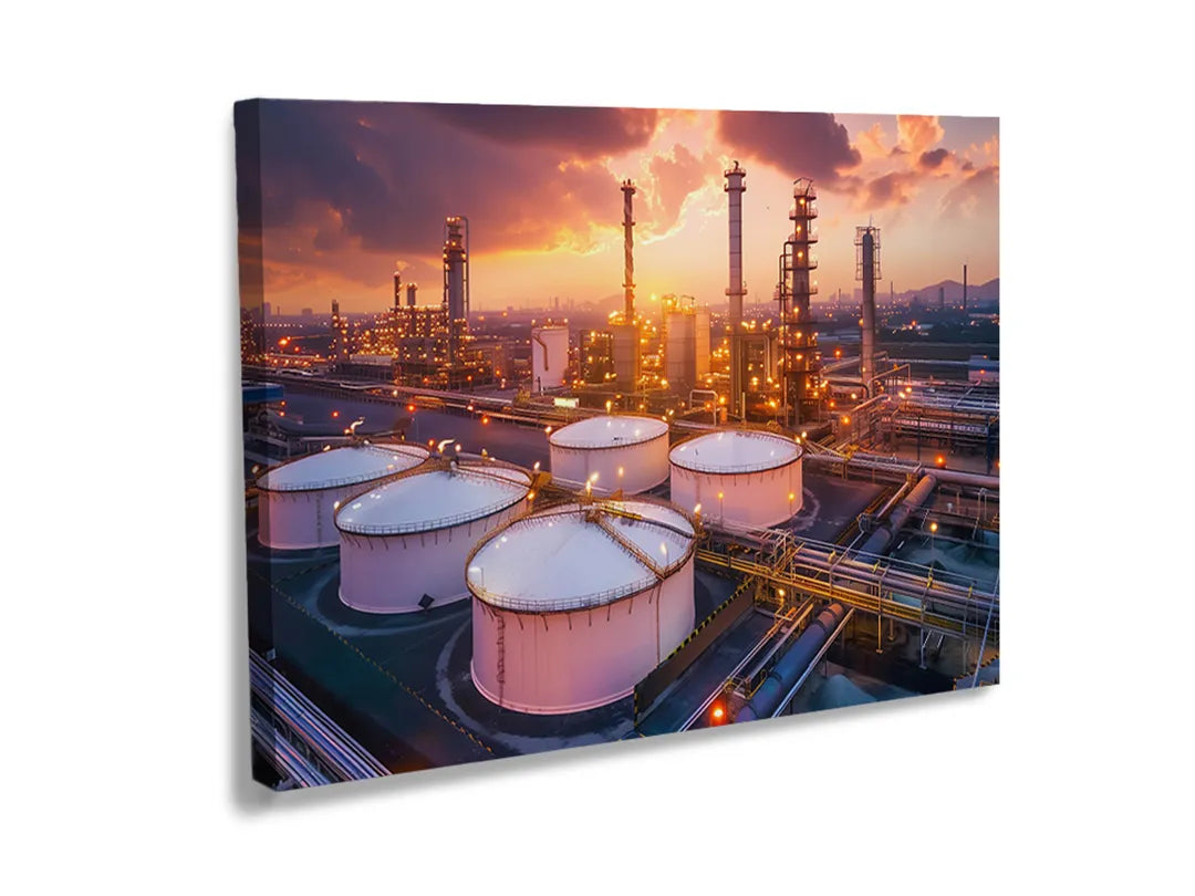 Kurkborden op canvas met industriële olieraffinaderij bij zonsondergang – formaat 120 × 80 cm