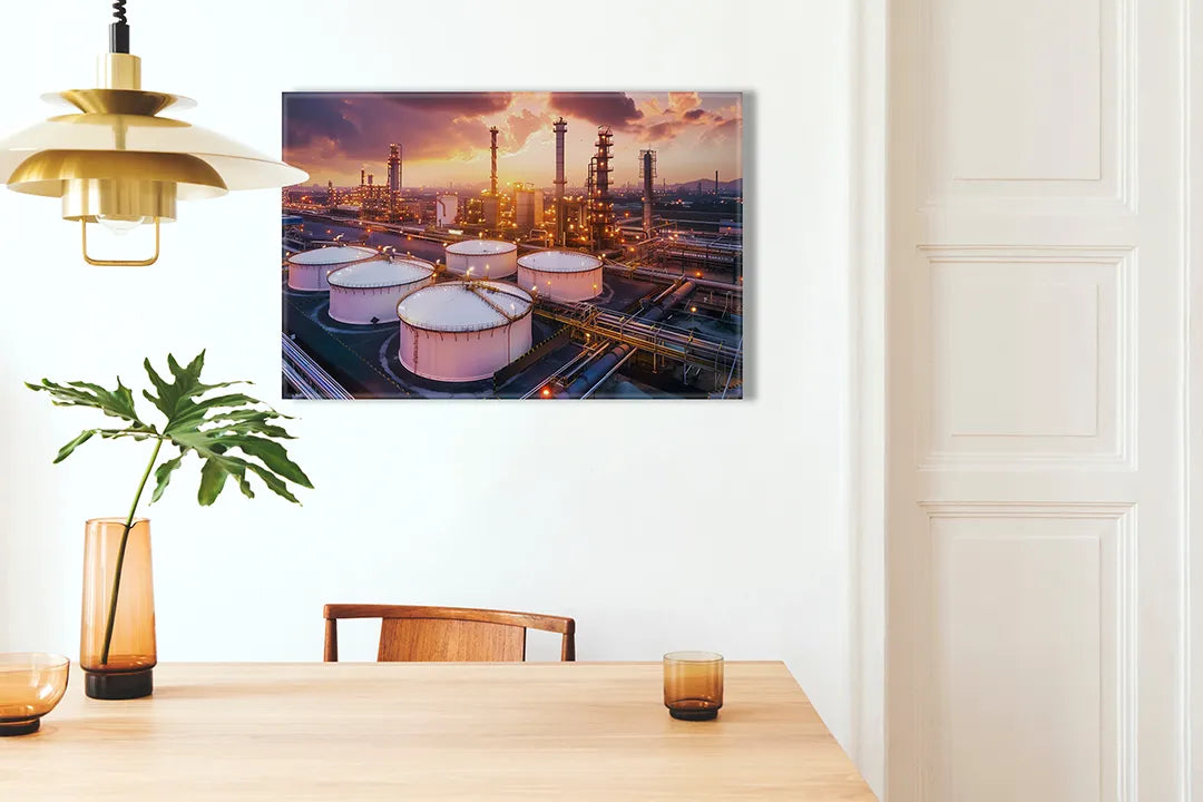 Kurkborden op canvas met industriële olieraffinaderij bij zonsondergang – formaat 100 × 70 cm