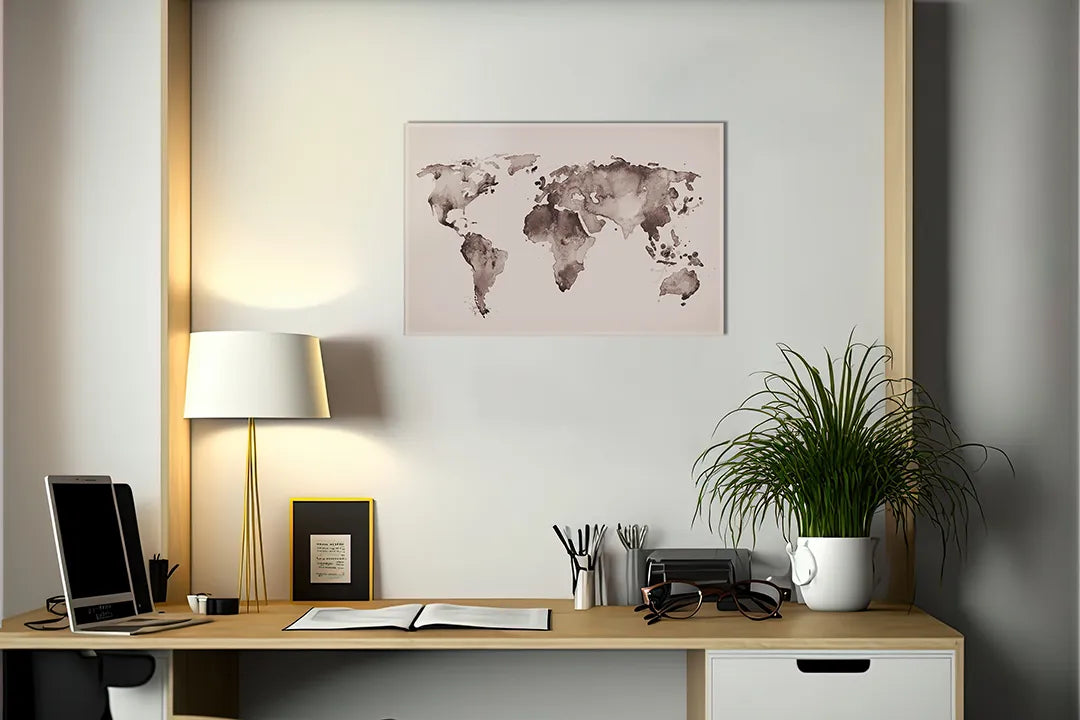 Kurkborden op canvas met aquarel wereldkaart in zachte tinten – formaat 140 × 100 cm