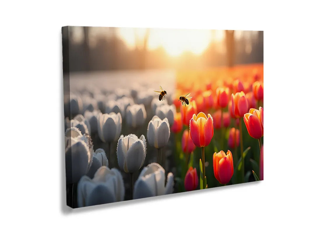 Kurkborden op canvas met tulpenveld in zacht zonlicht – formaat 120 × 80 cm