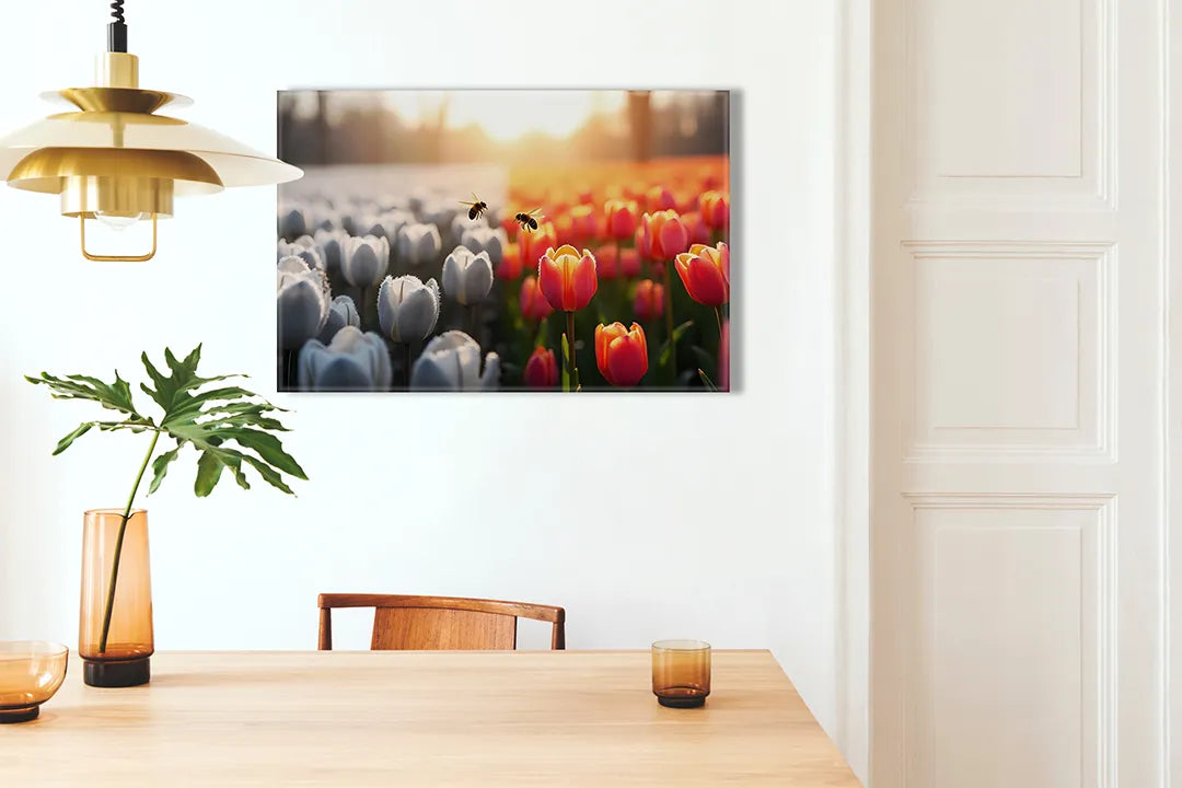 Kurkborden op canvas met tulpenveld in zacht zonlicht – formaat 100 × 70 cm