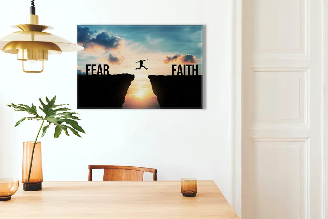 Kurkborden op canvas met sprong van angst naar vertrouwen – formaat 100 × 70 cm