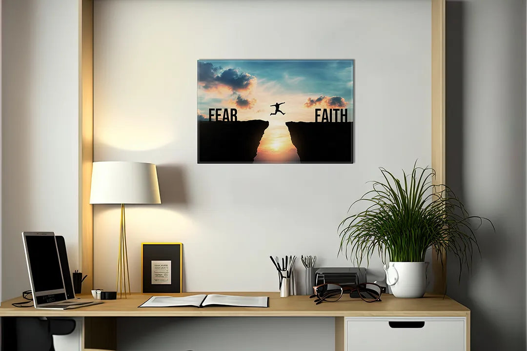 Kurkborden op canvas met sprong van angst naar vertrouwen – formaat 140 × 100 cm