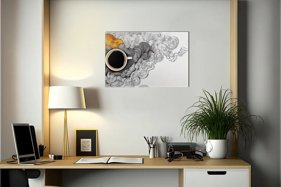Kurkborden op canvas met koffiekop met sierlijke rooktekening – formaat 140 × 100 cm