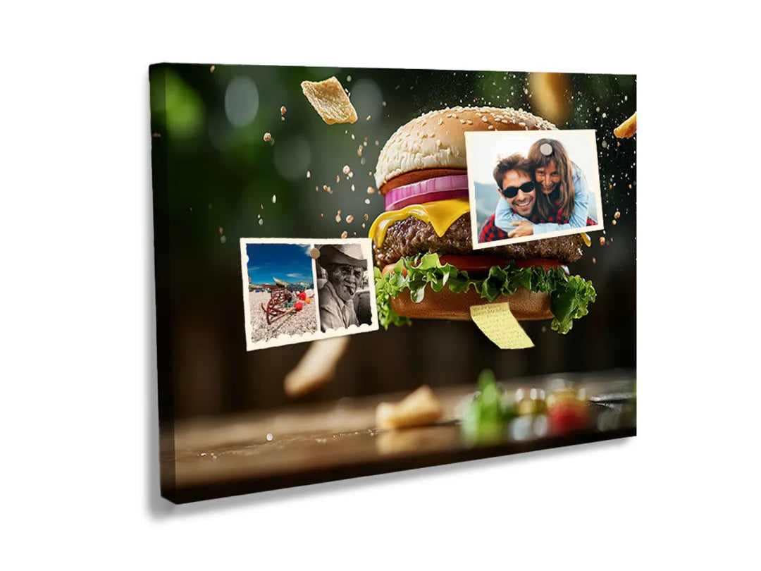 Kurkborden op canvas met hamburger zwevend met ingrediënten – formaat 60 × 40 cm
