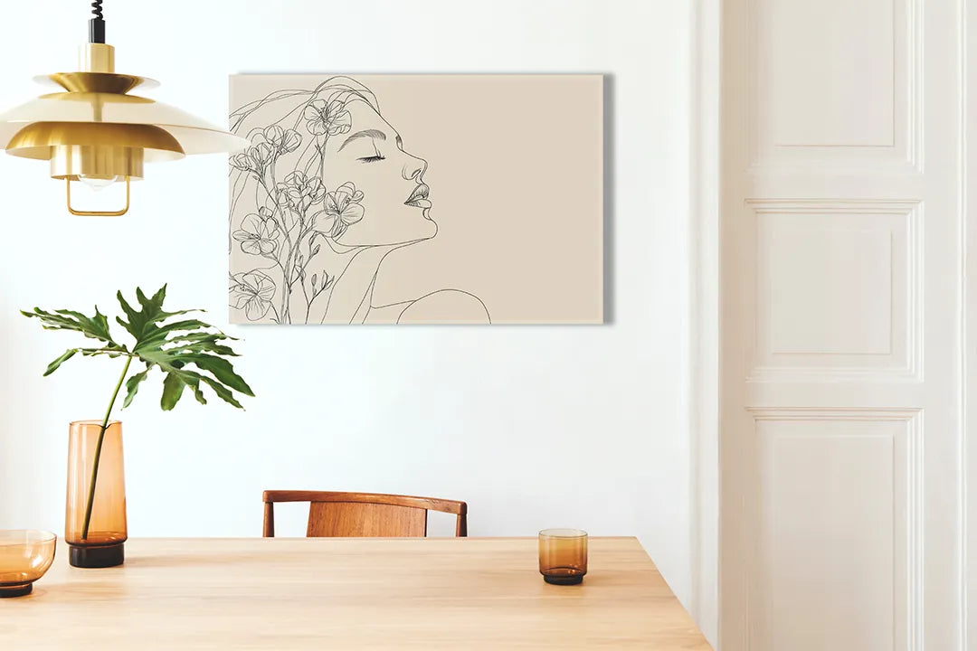 Kurkborden op canvas met minimalistisch vrouwengezicht in lijntekening – formaat 100 × 70 cm