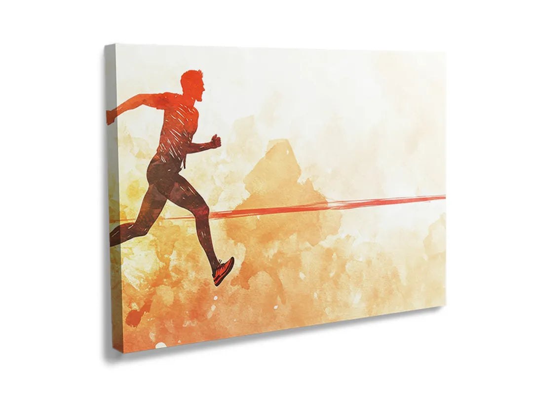 Kurkborden op canvas met hardloper op rode finishlijn – formaat 120 × 80 cm