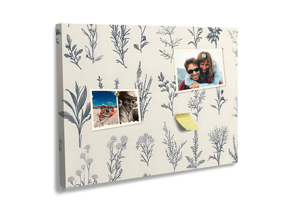 Kurkborden op canvas met botanisch kruidenpatroon in blauwgrijs – formaat 60 × 40 cm