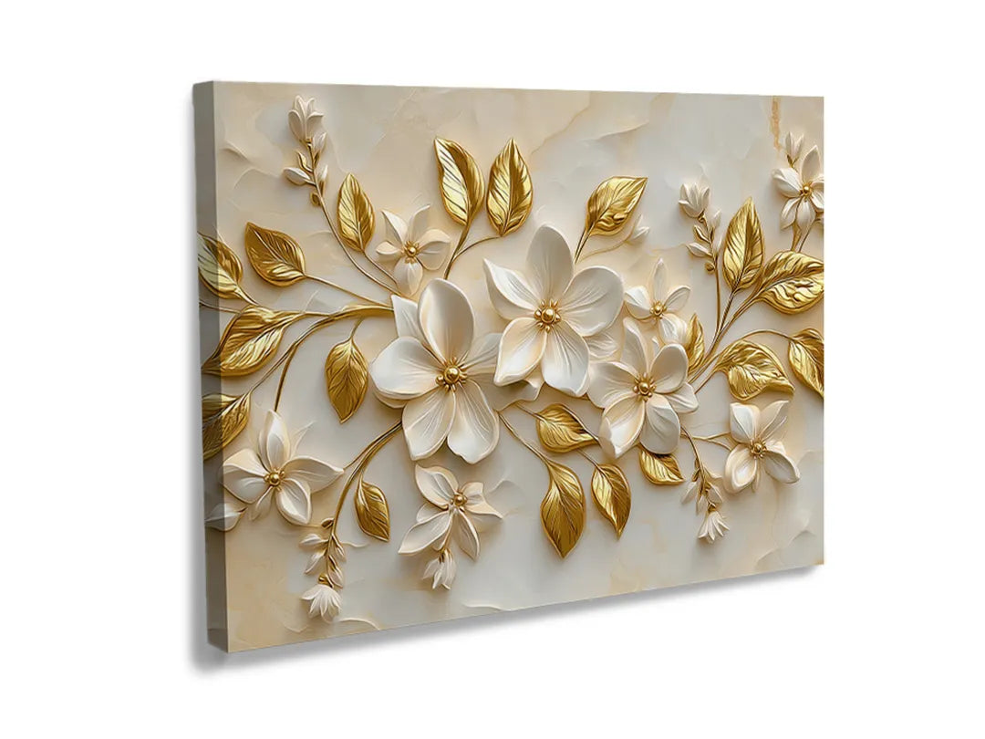 Kurkborden op canvas met witte bloemen met gouden bladeren – formaat 120 × 80 cm