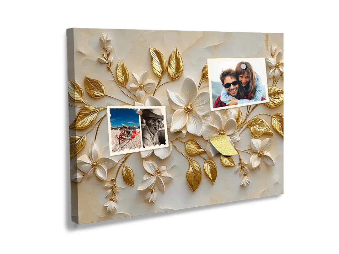 Kurkborden op canvas met witte bloemen met gouden bladeren – formaat 60 × 40 cm
