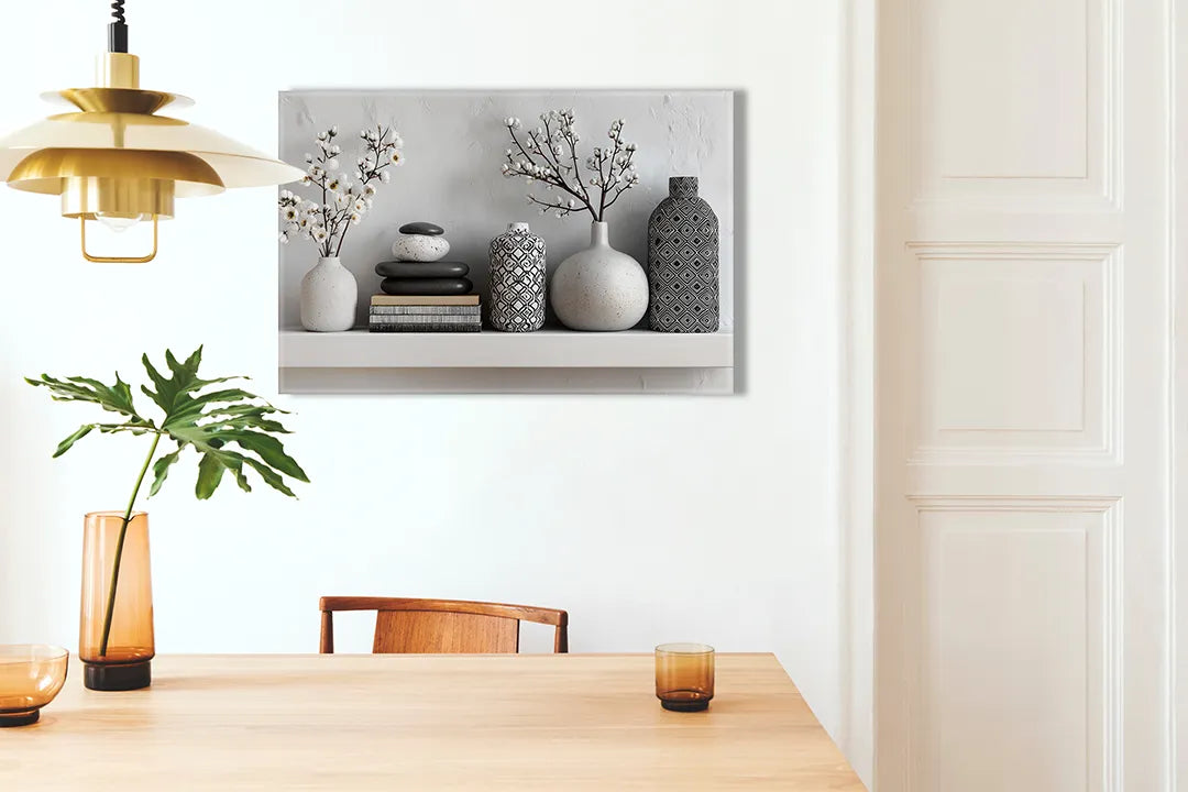 Kurkborden op canvas met minimalistische plank met vazen en boeken – formaat 100 × 70 cm