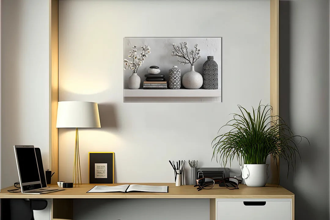 Kurkborden op canvas met minimalistische plank met vazen en boeken – formaat 140 × 100 cm