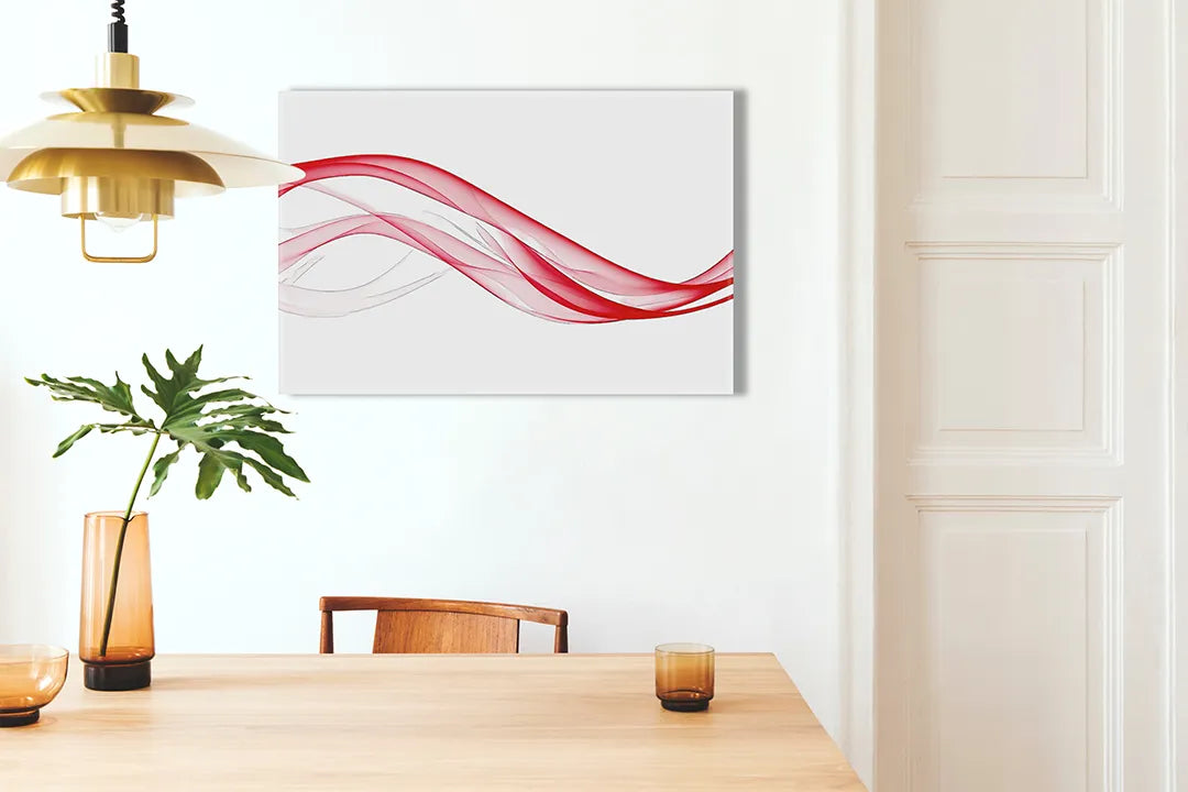 Kurkborden op canvas met rode abstracte golven op wit – formaat 100 × 70 cm