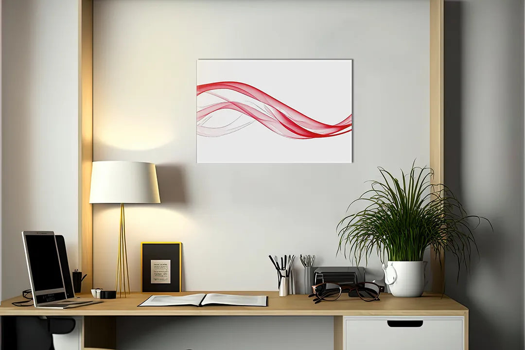 Kurkborden op canvas met rode abstracte golven op wit – formaat 140 × 100 cm