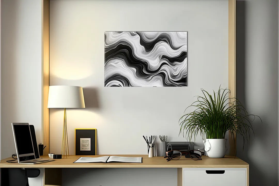 Kurkborden op canvas met zwart-wit marmergolf patroon – formaat 140 × 100 cm