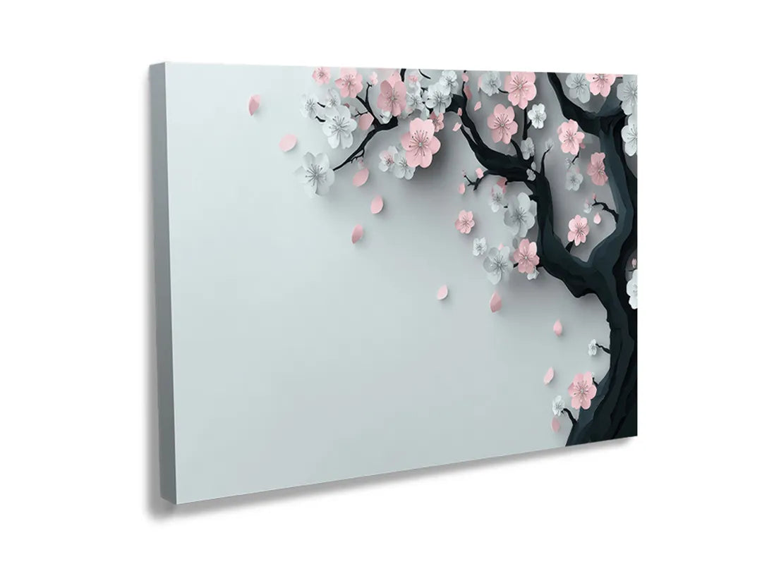 Kurkborden op canvas met roze bloesemtak op grijze achtergrond – formaat 120 × 80 cm