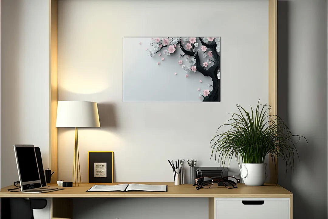 Kurkborden op canvas met roze bloesemtak op grijze achtergrond – formaat 140 × 100 cm