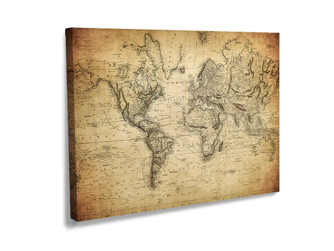 Kurkborden op canvas met antieke wereldkaart op perkament – formaat 120 × 80 cm