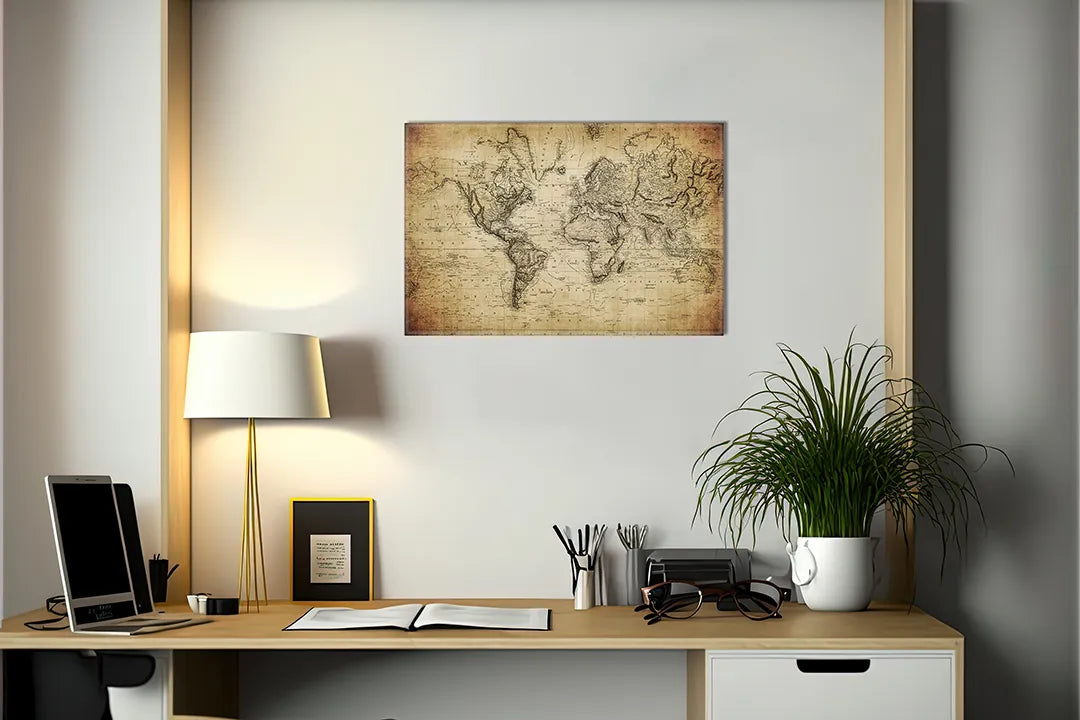 Kurkborden op canvas met antieke wereldkaart op perkament – formaat 140 × 100 cm