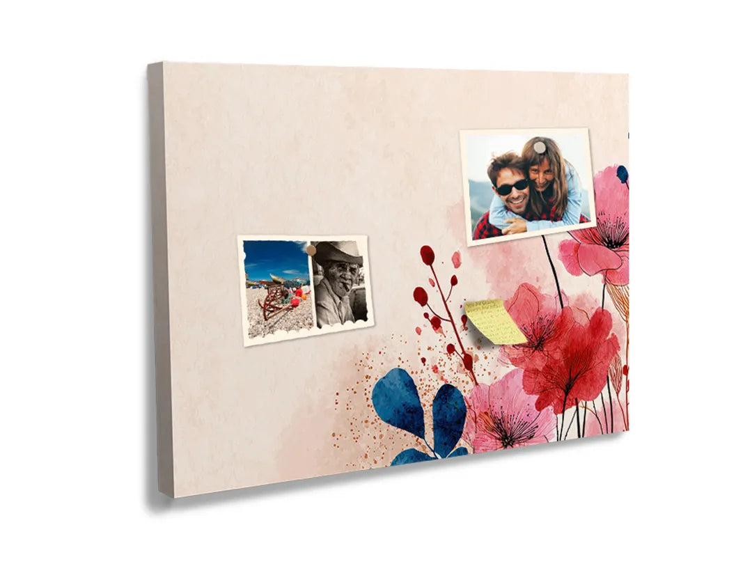 Kurkborden op canvas met aquarelbloemen in roze en blauw – formaat 60 × 40 cm