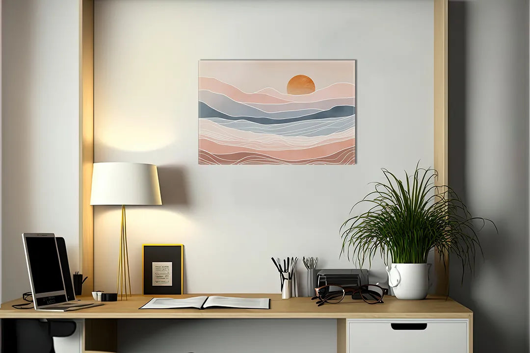 Kurkborden op canvas met abstract landschap met pastelkleurige heuvels – formaat 140 × 100 cm