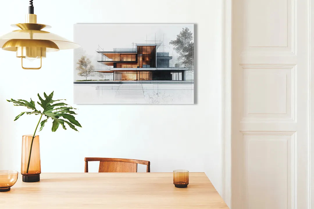 Kurkborden op canvas met moderne woning in architectuurschets – formaat 100 × 70 cm