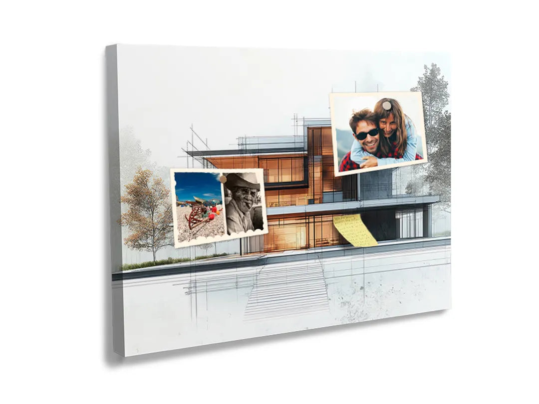 Kurkborden op canvas met moderne woning in architectuurschets – formaat 60 × 40 cm