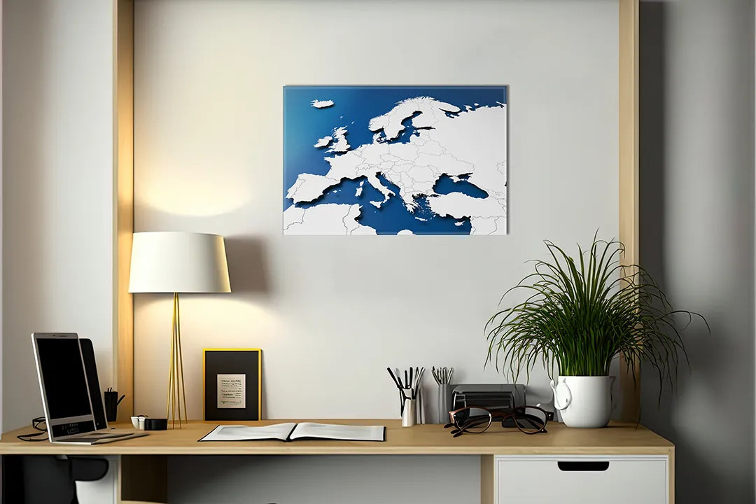 Kurkborden op canvas met blauwe kaart van europa – formaat 140 × 100 cm