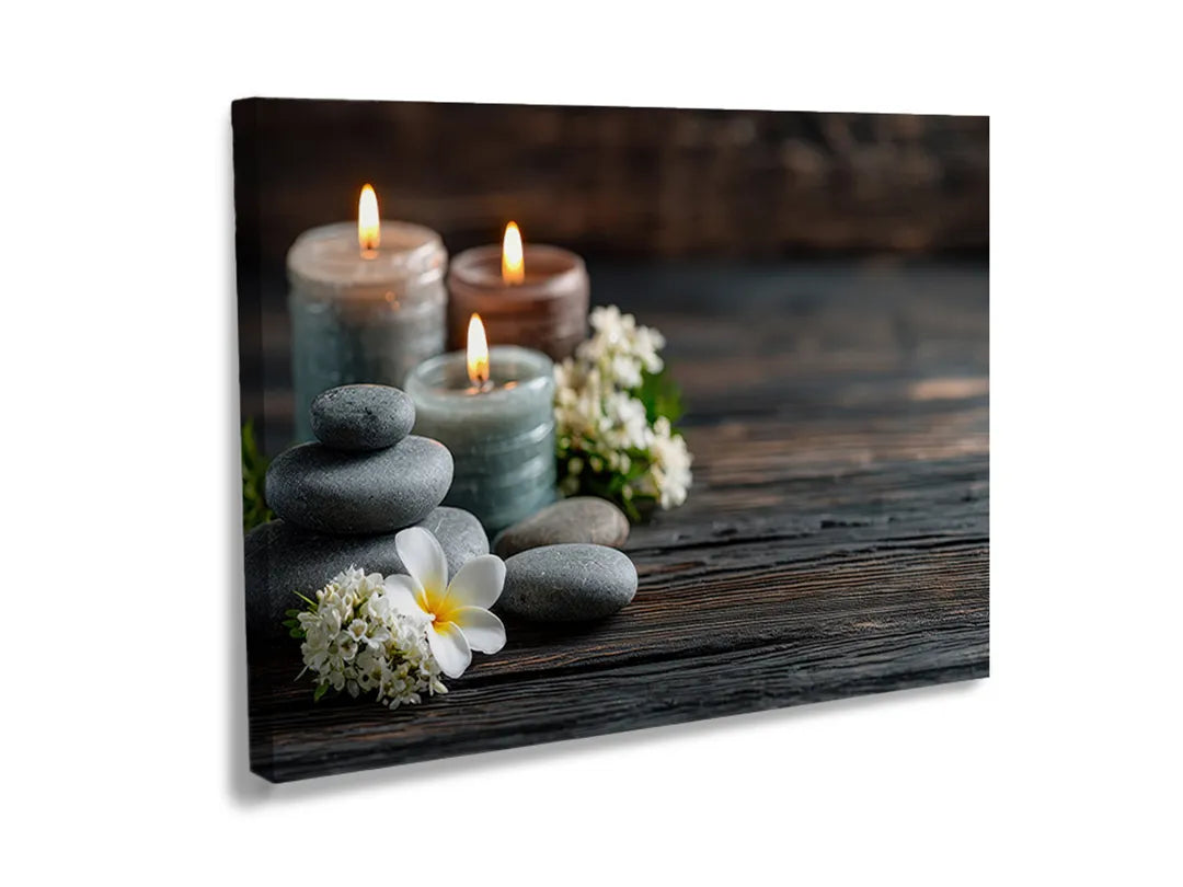 Kurkborden op canvas met spa kaarsen met stenen en bloemen – formaat 120 × 80 cm