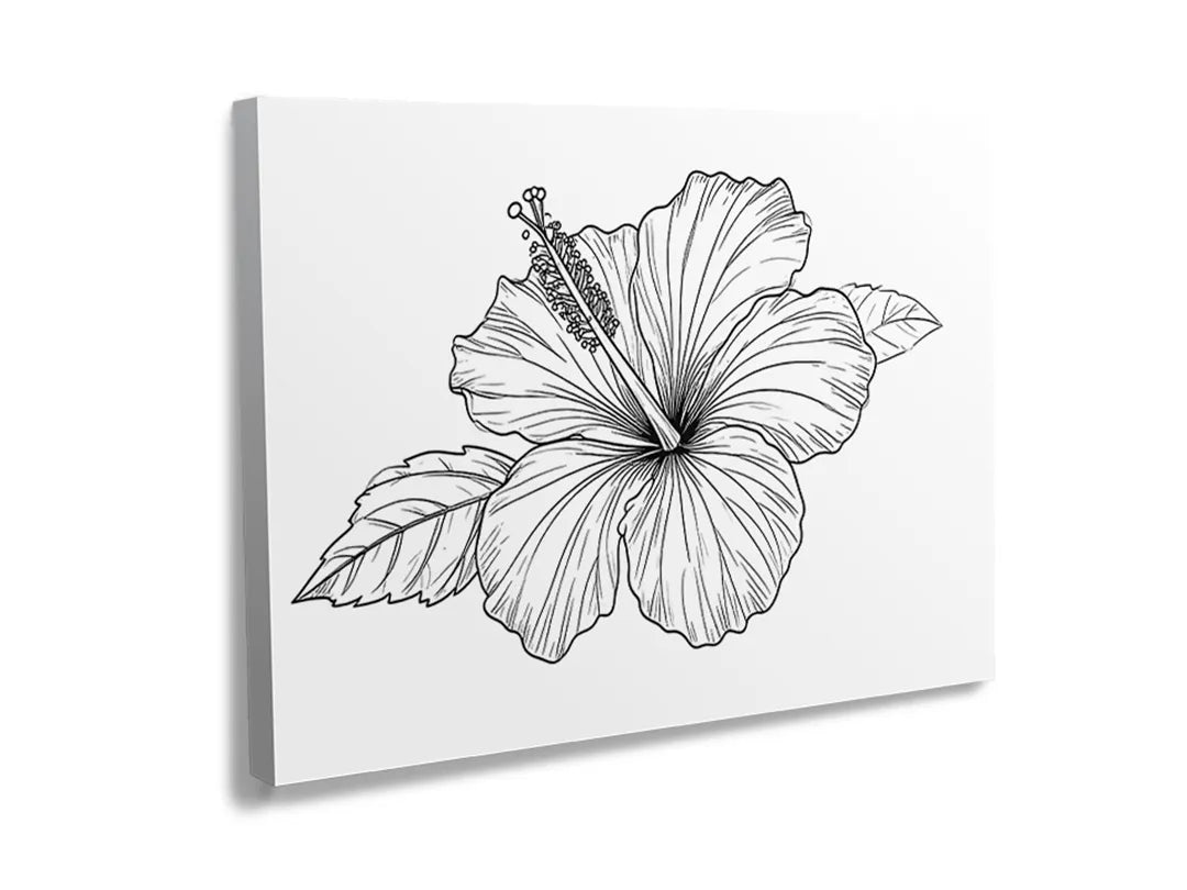 Kurkborden op canvas met gedetailleerde hibiscusbloem lijntekening – formaat 120 × 80 cm