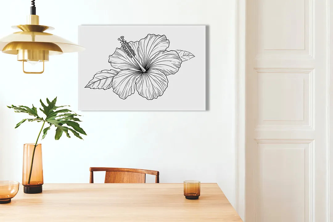 Kurkborden op canvas met gedetailleerde hibiscusbloem lijntekening – formaat 100 × 70 cm