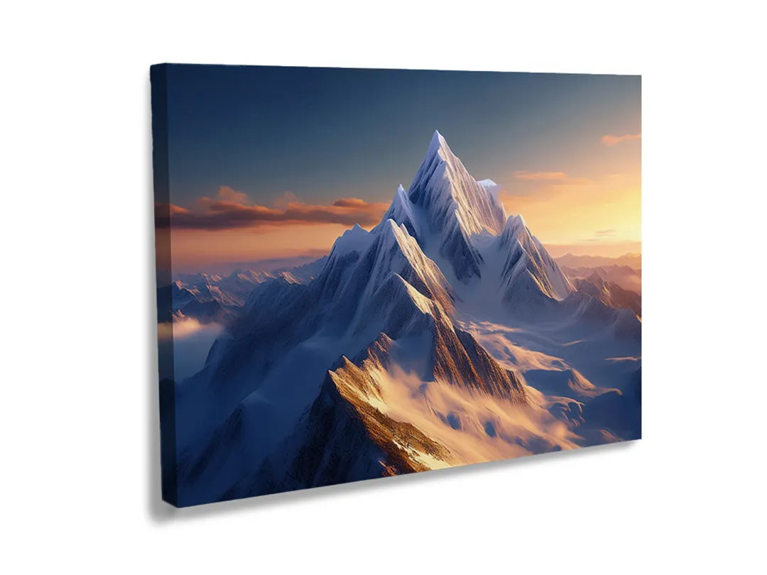 Kurkborden op canvas met besneeuwde bergtop in avondlicht – formaat 120 × 80 cm