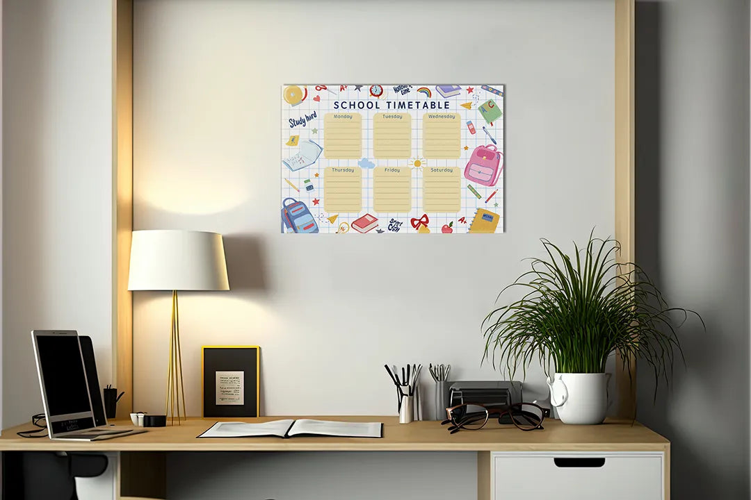 Kurkborden op canvas met kleurrijk schoolrooster – formaat 140 × 100 cm