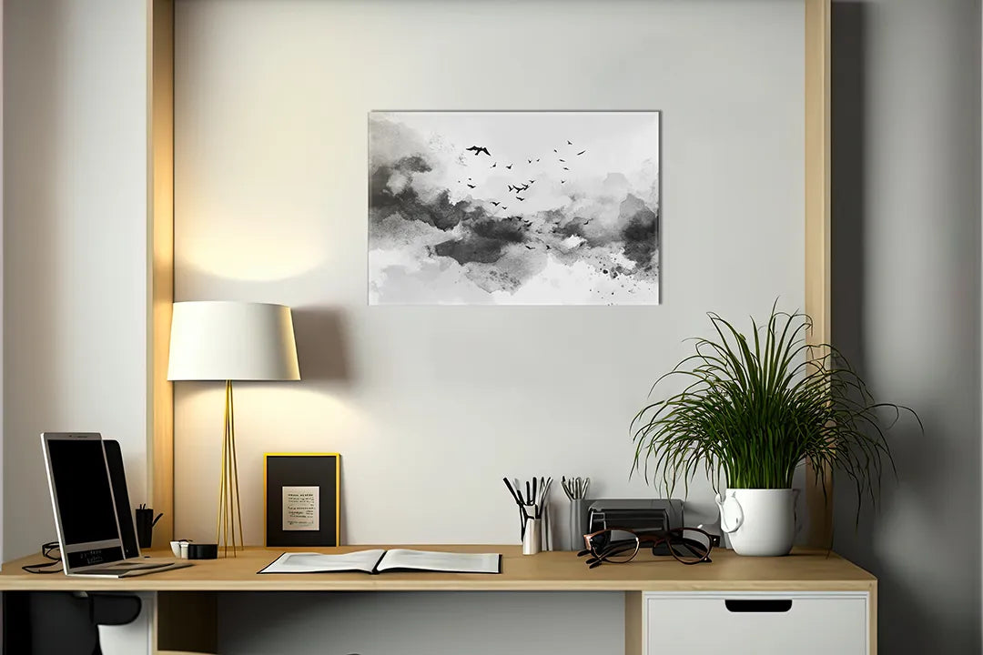 Kurkborden op canvas met zwart-wit aquarellandschap met vogels – formaat 140 × 100 cm