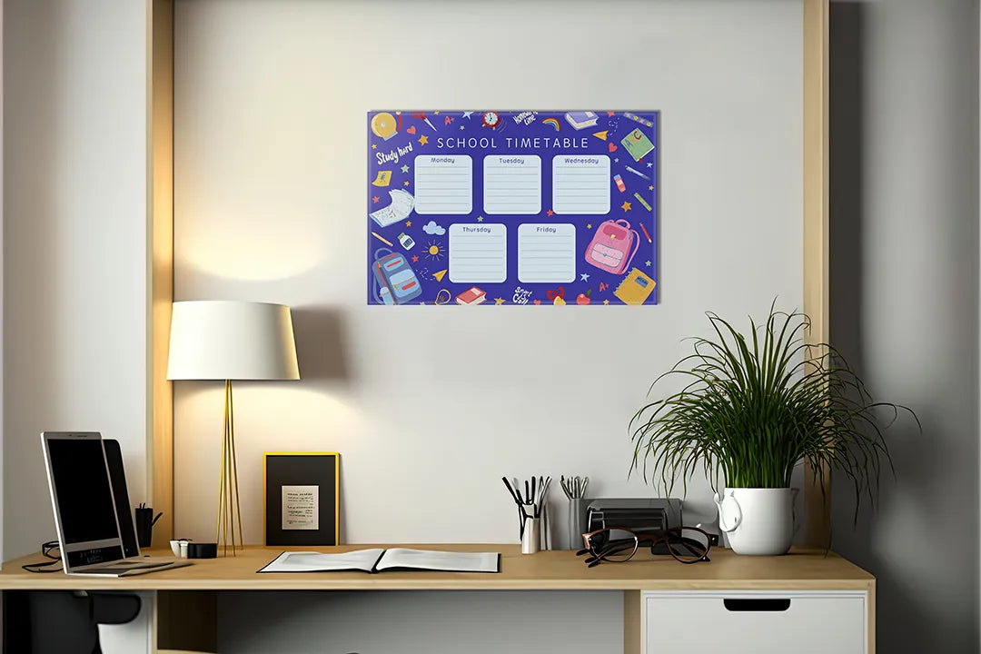 Kurkborden op canvas met paars schoolrooster met ruimte-elementen – formaat 140 × 100 cm