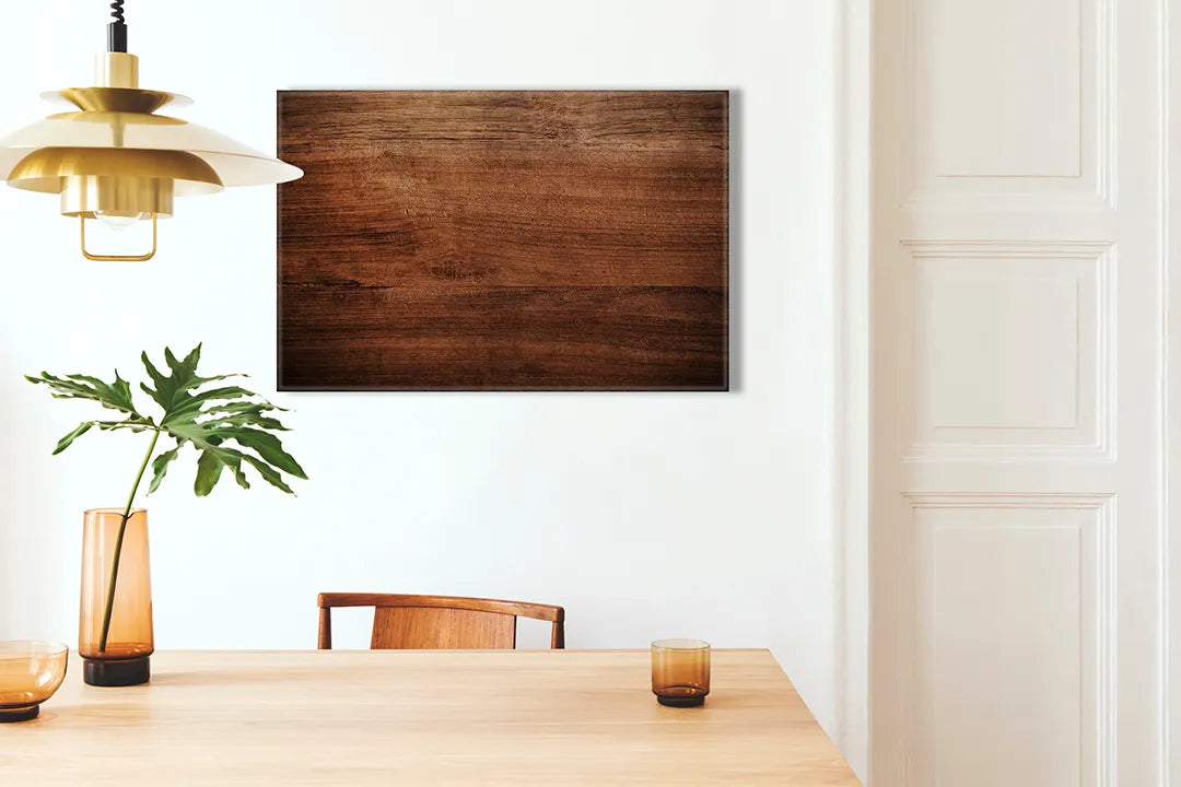 Kurkborden op canvas met donkere walnoot houtstructuur – formaat 100 × 70 cm