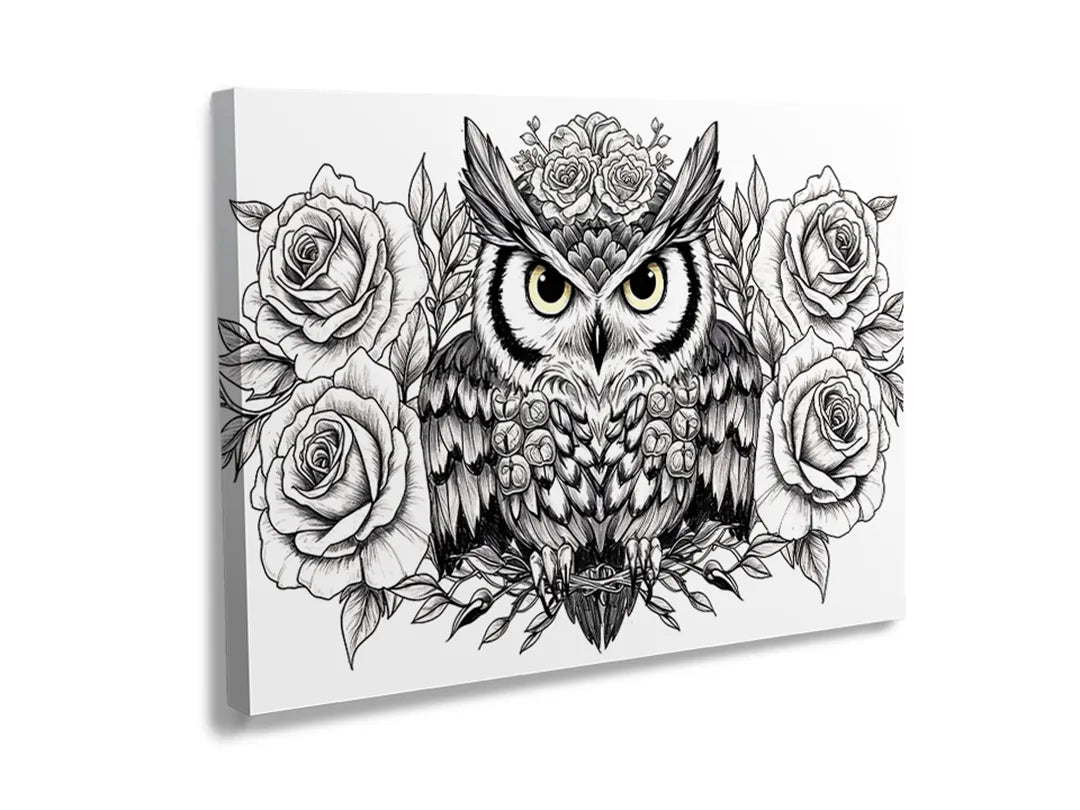 Kurkborden op canvas met uil met rozen in lijntekening – formaat 120 × 80 cm