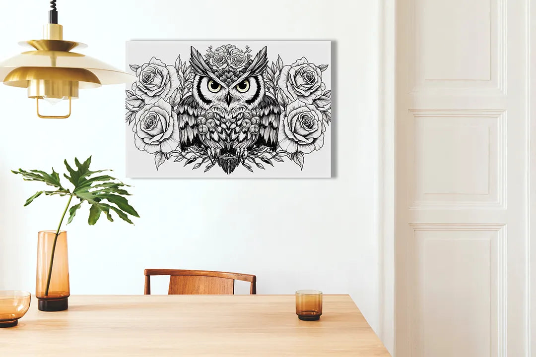 Kurkborden op canvas met uil met rozen in lijntekening – formaat 100 × 70 cm