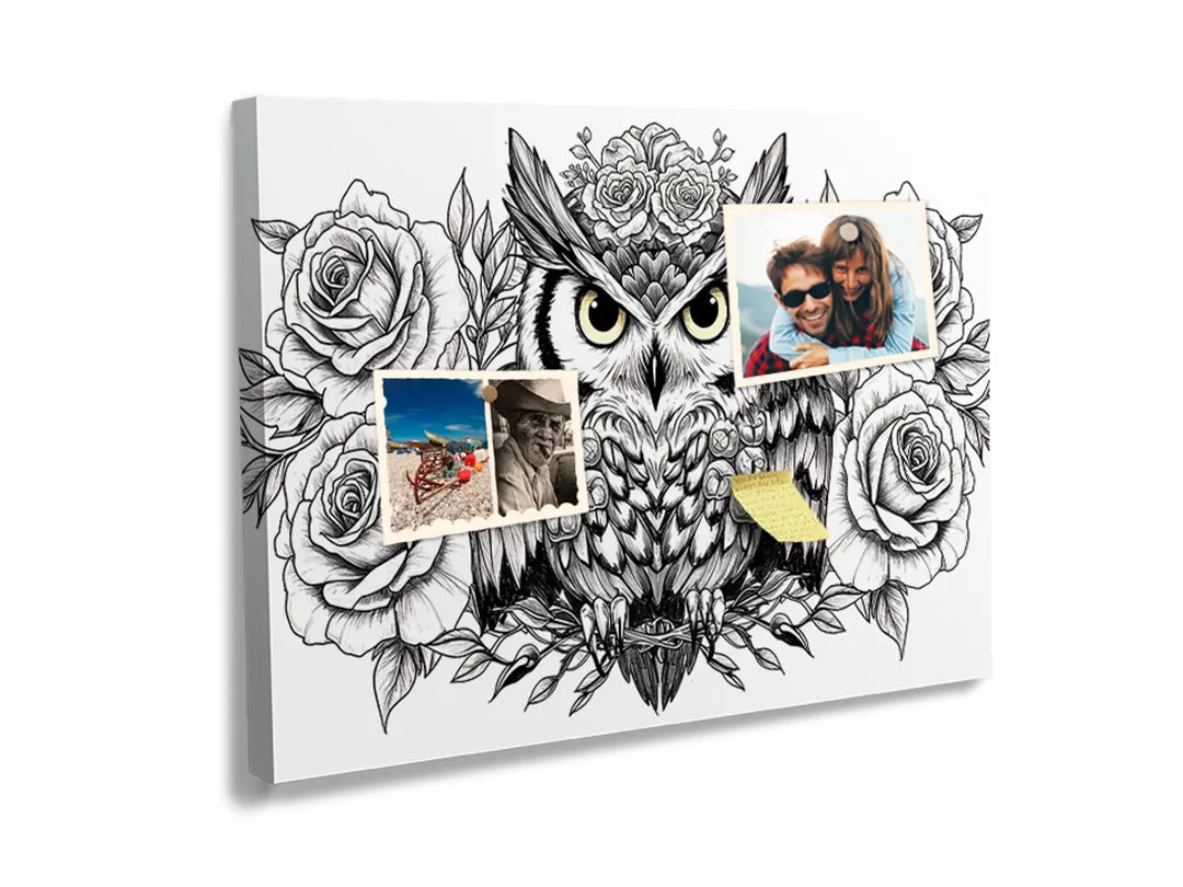 Kurkborden op canvas met uil met rozen in lijntekening – formaat 60 × 40 cm